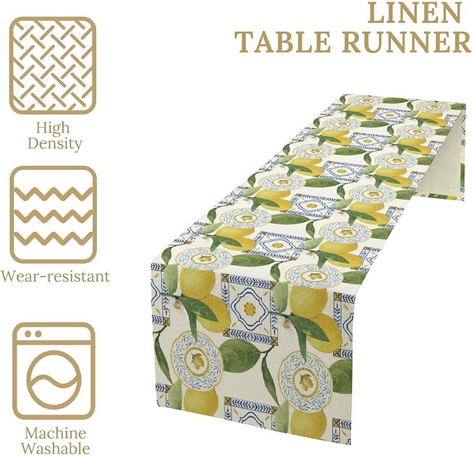 Tiles Lemon Table Runner, Watercolor Italian Tile Floral Plant Print Table Runner for Farmhouse Coffee Home Kitchen Dining Outdoor Party 13x120in
