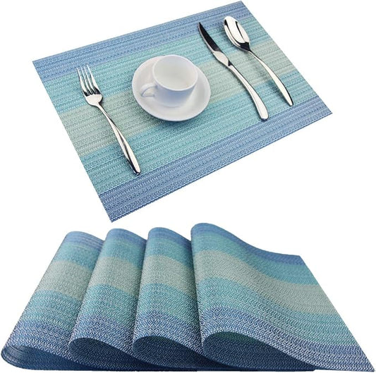 Vinyl Placemats,Washable Table Mats Easy to Clean Woven Placemats for Dining Table Set of 4(Blue)