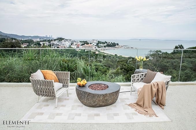 Elementi | Bundle Boulder Gas Fire Pit Cast Concrete Semi-Round Fire Table, Outdoor Fire Pit Electronic Ignition | Canvas Cover, Lava Rock Included | Propane Gas