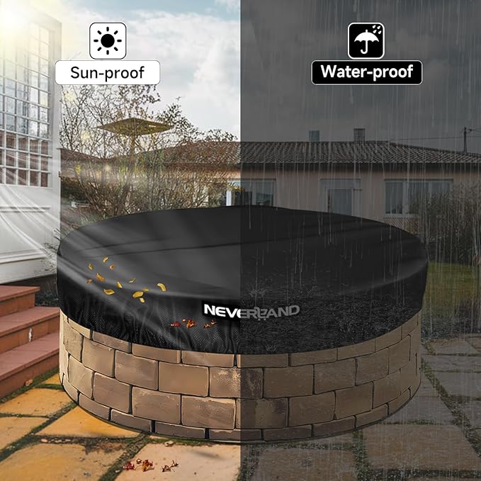 NEVERLAND Round Fire Pit Cover for In-Ground Fire Pits, 61-66 Inch Heavy Duty 600D Waterproof Outdoor Firepit Cover, Fits Built-In Stone Fire Pits, Black