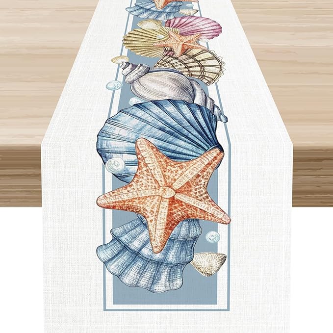 Summer Starfish Table Runner, Blue Sea Coastal Seashell Beach Nautical Starfish Ocean Table Runner Seasonal Holiday Home Kitchen Dining Table for Home Party Decor 13"x90"