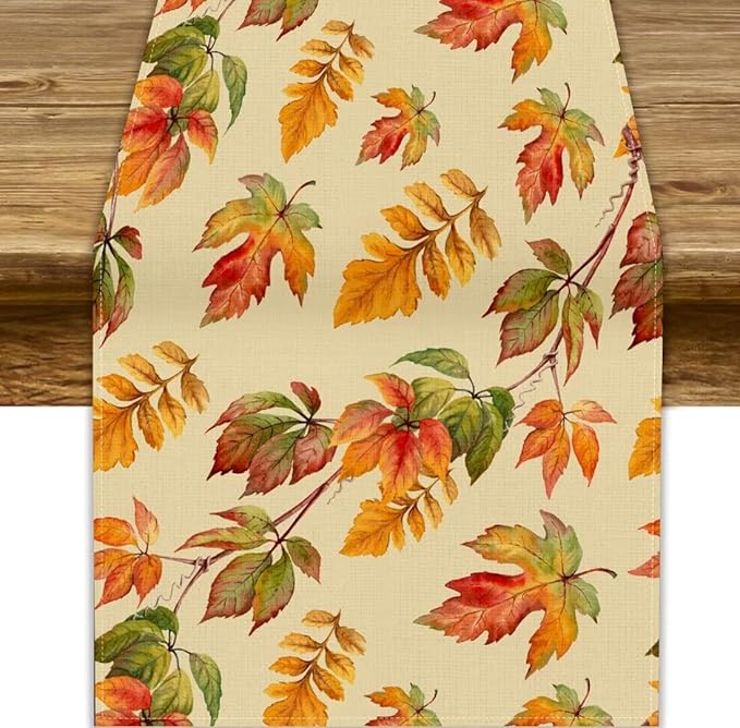 Fall Table Runner, Autumn Orange Yellow Maple Leaves Rustic Thanksgiving Farmhouse Table Cover for Kitchen Dinning Table Indoor Outdoor Party Decor, 13x70inch