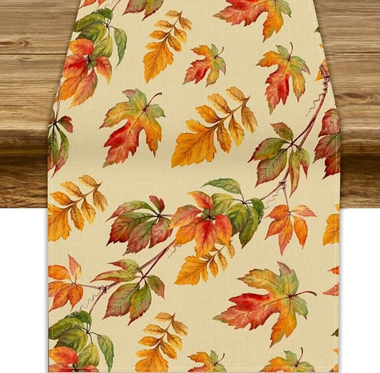 Fall Table Runner, Autumn Orange Yellow Maple Leaves Rustic Thanksgiving Farmhouse Table Cover for Kitchen Dinning Table Indoor Outdoor Party Decor, 13x108inch