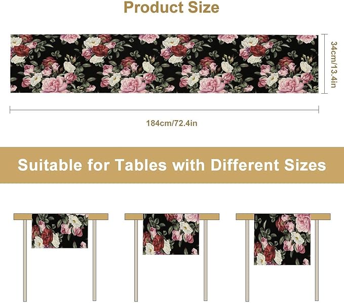 Gothic Floral Table Runner,Vintage Pink Red Rose Flower Print Table Runner for Kitchen Dining Table Indoor Outdoor Home Party Decor,Black 13x70in