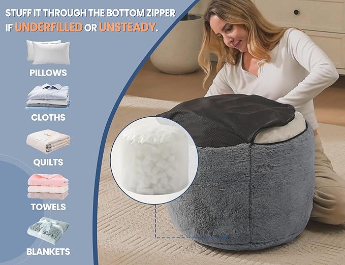 Boho Ottoman Living Room Furniture 26"x18" Large Round Ottomans Pouf Couch Foot Rest Grey Pouf Ottoman Foot Rest with Foam Chunk Filling Pouffe Ottomans Stuffed Foot Rest Poufs for Couch