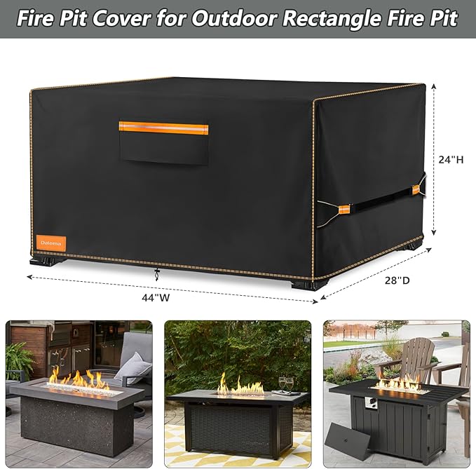 Fire Pit Cover,Outdoor Heavy Duty 600D 100% Waterproof Fire Pit Cover Rectangular,Weatherproof Firepit Covers Rectangle 44" L x 28" W x 24" H,Black