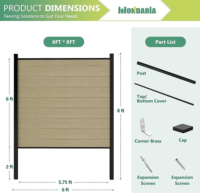 Mondaria Fence Privacy Screen with 8ft In-ground Posts, 6ft(H) x 6ft(W) Wood Plastic Composite Fence Panels Weather-Resistant Outdoor Fence for Backyard/Garden (Ancient Wood, 1 Post)
