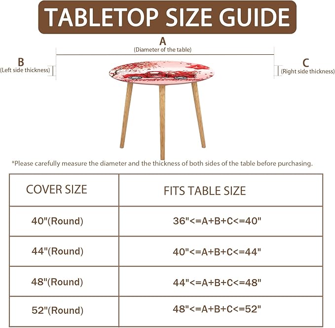 Valentines Day Round Fitted Tablecloth with Elastic Pink Red Heart Circle Table Cloth for 40-44" Round Tables Wipeable Waterproof Washable Gnome Truck Valentine Table Cover for Dining Picnic Party