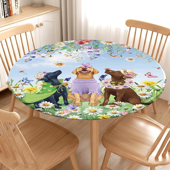 Spring Dogs Round Fitted Tablecloth with Elastic Colorful Floral Farmhouse Easter Circle Table Cloth for 48-52" Tables Wipeable Waterproof Outdoor Wildflowers Puppy Table Cover for Party Picnic Dining
