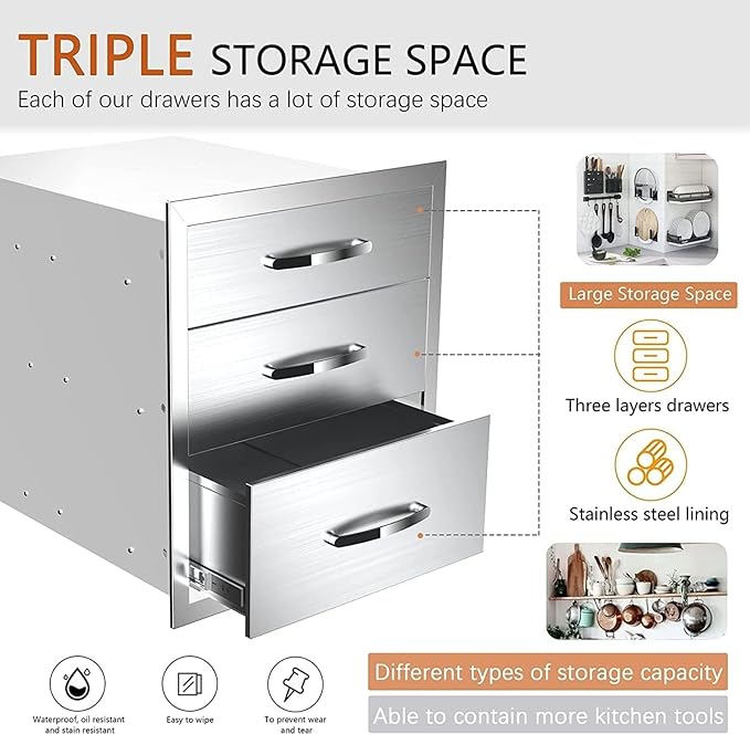 Outdoor Kitchen Drawers, Flush Mount Triple Access BBQ Drawers With Stainless Steel Handle, BBQ Island For BBQ Island Patio Grill Station,Three Drawers