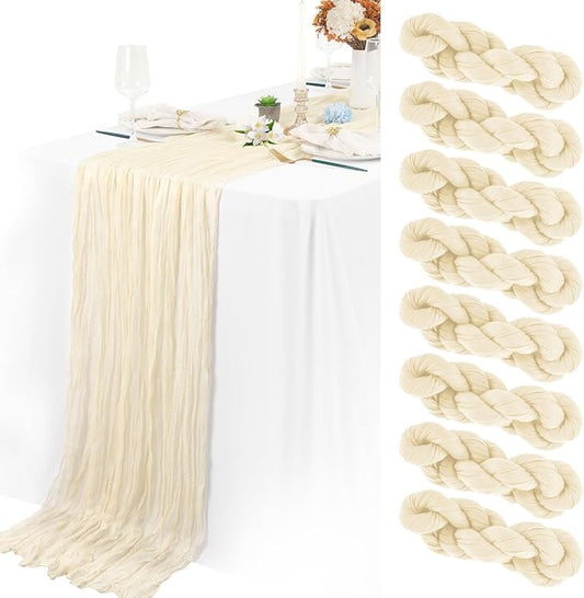 8 Packs Cheesecloth Table Runner 10FT Long Boho Gauze Fabric Table Runner Vintage Rustic Sheer Runners for Wedding Party Bridal Baby Shower Table Decorations (Ivory )
