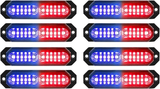 ASPL 8pcs Sync Feature Ultra Slim 12-LED Surface Mount Flashing Strobe Lights for Truck Car Vehicle LED Mini Grille Light Head Emergency Beacon Hazard Warning Lights (Red/Blue)