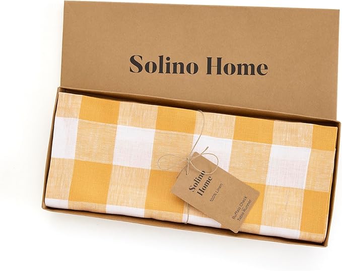 Solino Home Linen Checkered Table Runner 120 Inches Long - 100% Pure Linen Buffalo Check Mustard and White Table Runner 14 x 120 Inch Ideal for Dining, Spring, Easter