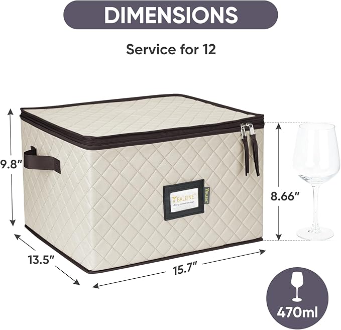 BALEINE China Storage Containers, Sturdy Quilted Wine Glass Storage, Plate Organizer with Carry Handles, Moving Boxes for Dishes, Cups, Mugs and Stemware (Wine Glasses, Soft Shell Cream)