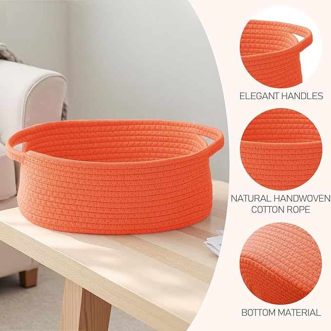 Woven Basket,Small Rope Storage Bin with Handles & Ribbon Bag, Organizer for Shelves Closets,Gift Basket Empty for Birthday,Books,Dog Toys,Orange