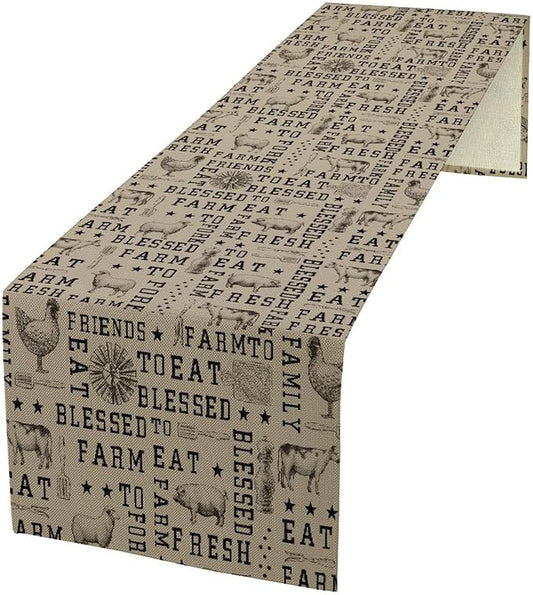 Farmhouse Animal Table Runner, Vintage Country Cow Chicken Sheep Pig Rustic Western Windmill Print Table Runner for Home Dining Kitchen Table Indoors Outdoors Party, 13x60inch
