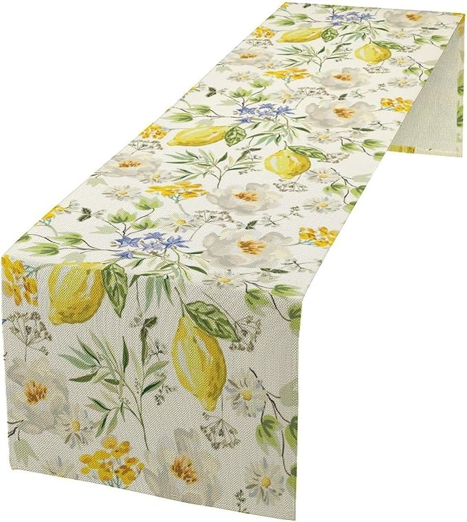 Vintage Lemon Blossom Table Runner Seasonal Spring Summer Floral Farmhouse Dining Table Decoration for Home Holiday Party Dresser Kitchen Cabin Restaurant Wedding Decor 13×120in