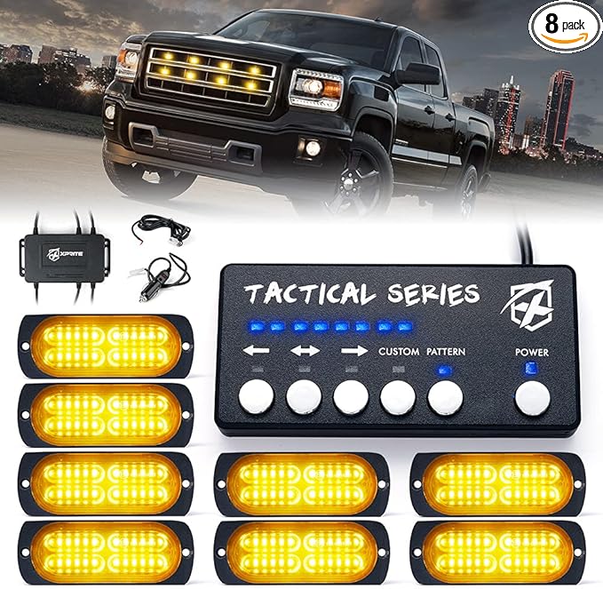 Xprite Amber 24 LED Surface Mount Strobe Lights Kit with Control Panel, Grill Grille Side Marker Flashing Emergency Warning Light Assemblies for Construction Vehicles Tow Trucks ATV UTV Vans 8PCS