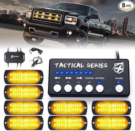 Xprite Amber 24 LED Surface Mount Strobe Lights Kit with Control Panel, Grill Grille Side Marker Flashing Emergency Warning Light Assemblies for Construction Vehicles Tow Trucks ATV UTV Vans 8PCS