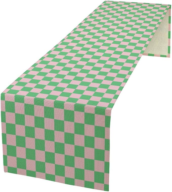 Retro Checkered Table Runner, Cute Pink Green Checkerboard Vintage Hippie Modern Aesthetic Table Runner for Party Kitchen Dining Home Outdoor Banquet 13x60in