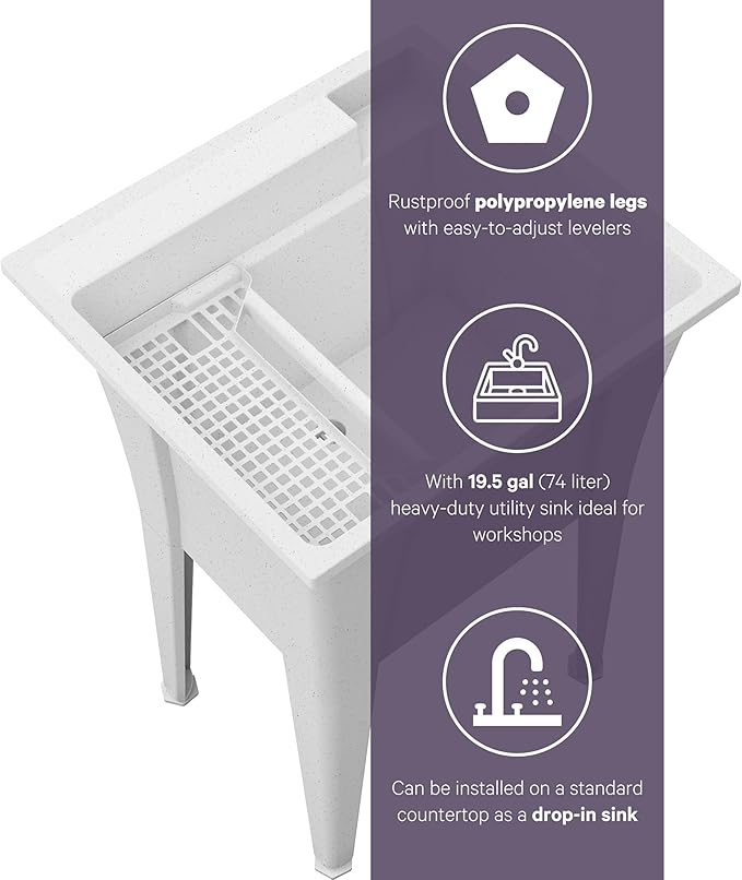 Freestanding Utility Sink with Stainless Steel Gooseneck Faucet - 24" Plastic Utility Sink for Garage, Laundry, Indoor and Oudoor Use - Laundry Tub Kit by Noah William Home - White (19.5 gal)