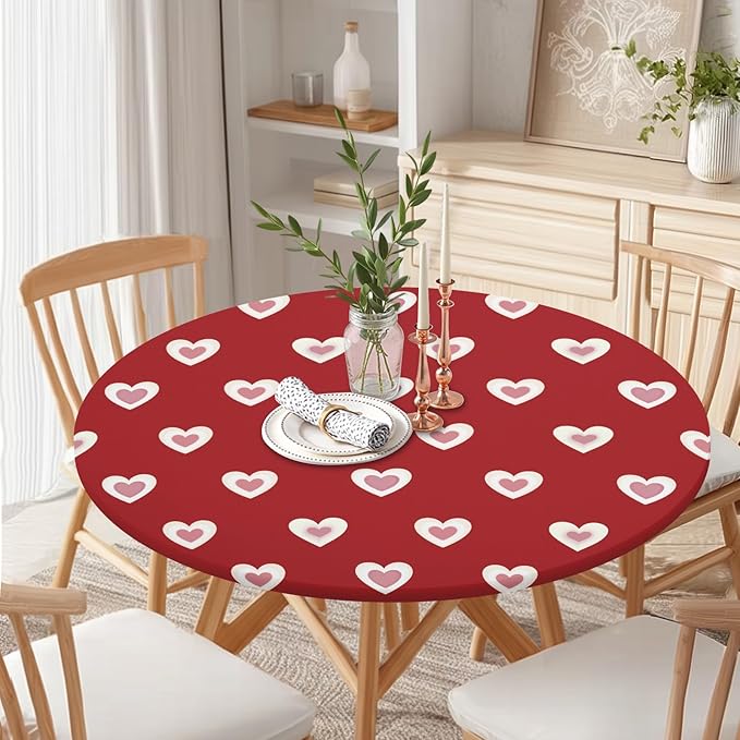 Valentines Day Round Fitted Tablecloth with Elastic Red Pink Heart Circle Table Cloth for 40-44" Round Tables Wipeable Waterproof Washable Burgundy Valentine Table Cover for Picnic Dining Party Decor