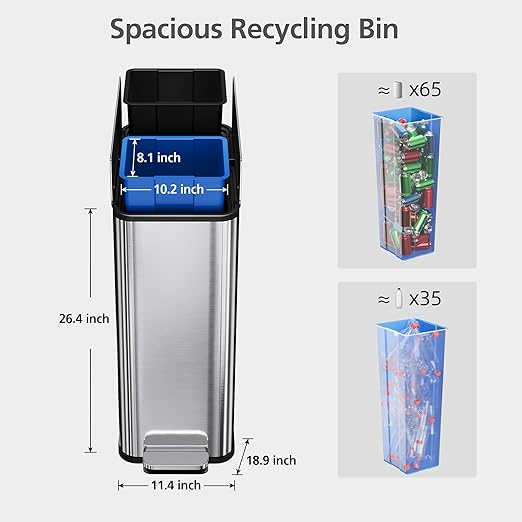 Garvee Kitchen Dual Trash Can, 15 gal Large Recycling Bin Garbage Can with Butterfly Lid, Fingerprint Resistant Stainless Steel Trash Bin for Kitchen, Living Room, Office (2 x 28 L)