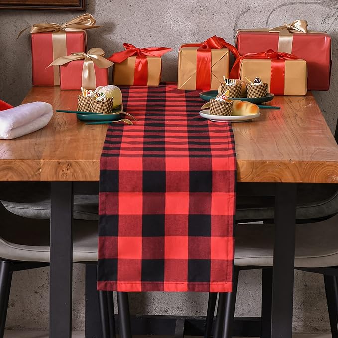 Tosewever Christmas Buffalo Check Plaid Table Runner, Cotton Polyester Blend Classic Family Dinner Table Runners for Indoor Outdoor Parties Events Home Decoration (Red and Black, 14 x 108 Inch)