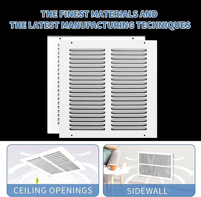 12x12 Return Air Grille (Duct Opening Size), Air Return Vent Cover, AC Vent Cover, Cold Air Return Vent Cover, Flat Return Air Grilles, Outer Dimensions:13.75"W x 13.75"H (12"W x 12"H, Duct Opening)