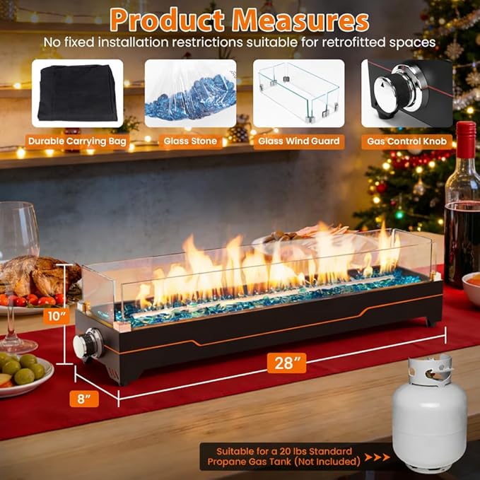 GRISUN 28" Table Top Propane Fire Pit, 45,000 BTU Tabletop Gas Fire Pit, Tabletop Firepit for Patio, Outdoor Portable Fireplace, Rectangular Fire Bowl with Glass Wind Guard, Glass Beads & Cover