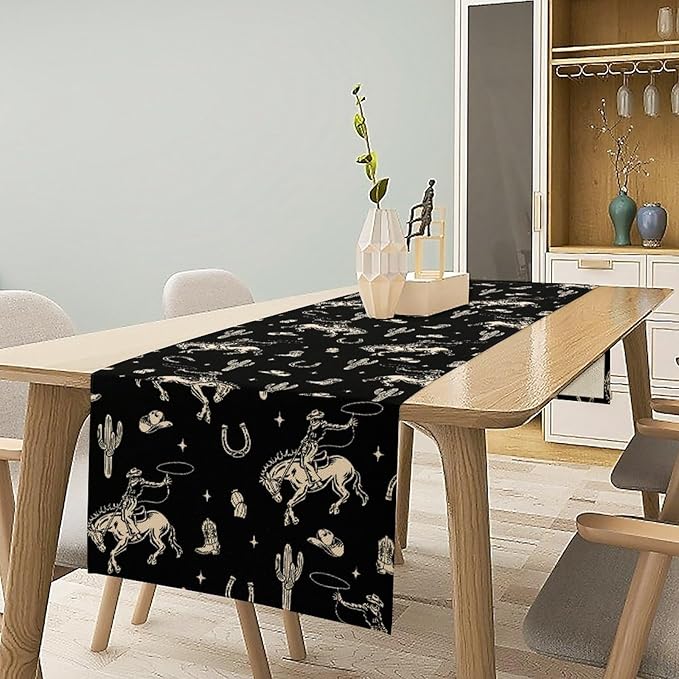 Vintage Western Cowboy Table Runner, Wild West Cowboy Riding Horse Desert Cactus Themed Table Runner for Home Kitchen Dining Party Farmhouse Cafe Outdoor 13x36in