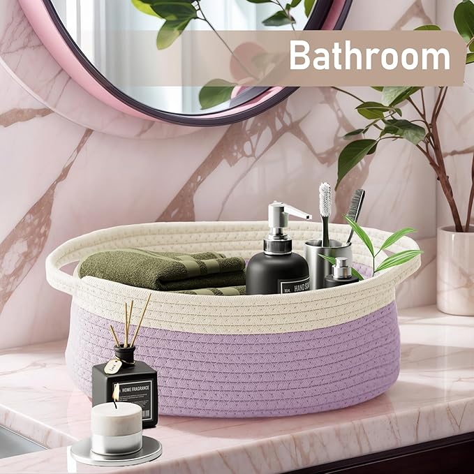 Woven Basket,Small Rope Storage Bin with Handles & Ribbon Bag, Organizer for Shelves Closets,Gift Basket Empty for Birthday,Books,Dog Toys, White&Purple/3 Pack