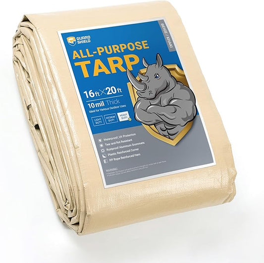 GUARD SHIELD Beige Tarp Heavy Duty Waterproof 16x20 Feet Outdoor Poly Tarps Cover Thick UV Resistant Canopy Tarpaulin with Grommets 10mil