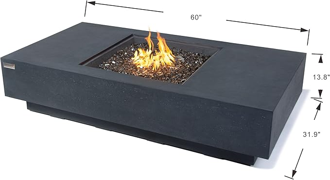 Elementi+ | Cannes Gas Fire Pit Cast Concrete 60" Rectangular Fire Table, Outdoor Fire Pit Electronic Ignition | Canvas Cover, Fire Glass and Burner Lid Included | Dark Gray | Propane Gas