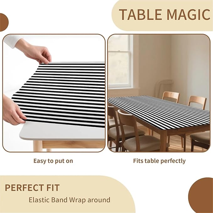 Rectangle Table Cloth Cover Waterproof Elastic Fitted Polyester Fitted Tablecloths for 4 Foot Tables for Indoor,Picnic, Camping, Outdoor （48" x 30"，Stripe）