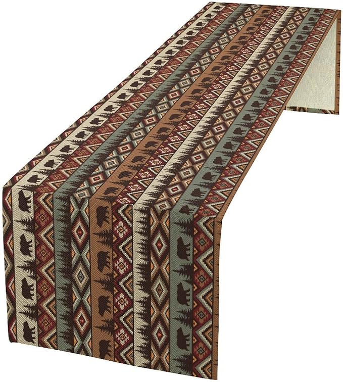 Rustic Bear Table Runner, Cabin Wild Animal Deer Moose Pine Tree Aztec Native Western Farmhouse Hunting Camping Table Runner for Kitchen Dining Home Party 13x90in