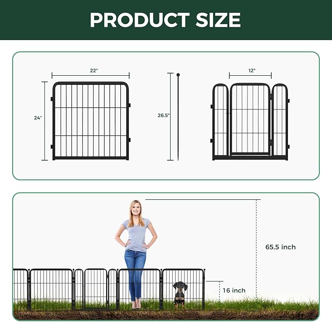 FXW Garden Fence Outdoor for The Yard – 24in(H) x 3.8ft(L) Heavy Duty Metal Animal Barrier for Dog and Rabbit, Decorative Dog Fence, 2 Panels, Black
