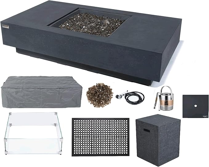 Elementi+ | Colorado Gas Fire Pit Cast Concrete 56" Rectangular Fire Table, Outdoor Fire Pit Electronic Ignition | Canvas Cover, Fire Glass and Burner Lid Included | Sunlight Yellow | Natural Gas