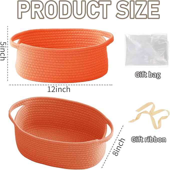 Woven Basket,Small Rope Storage Bin with Handles & Ribbon Bag, Organizer for Shelves Closets,Gift Basket Empty for Birthday,Books,Dog Toys,Orange