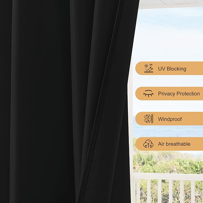 HolidayIdeas Outdoor Patio Curtains Waterproof with Rod Pocket 6 Pcs 54x108 Inch- Weatherproof Balcony Outdoor Curtains for Apartments,Porch, Gazebo, Pergola, Sliding Glass Door, Black