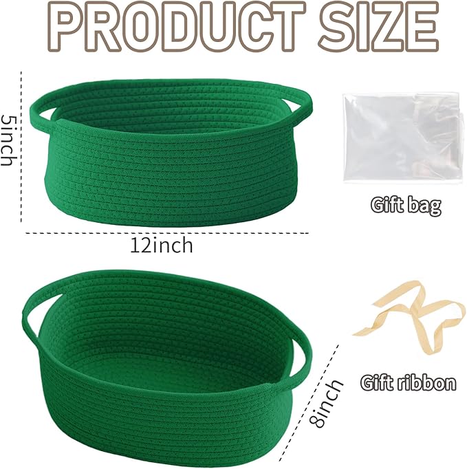 Woven Basket,Small Rope Storage Bin with Handles & Ribbon Bag, Organizer for Shelves Closets,Gift Basket Empty for Birthday,Books,Dog Toys, Green