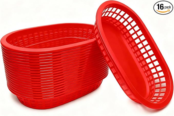 Fast Food Baskets 16-Pack, 10 x 6 Inch Plastic Oval Serving Baskets for Burgers, Bread, Fries & Sandwiches, Restaurant Diner Cafeteria Food Truck Party Use, Reusable&Stackable(Red)