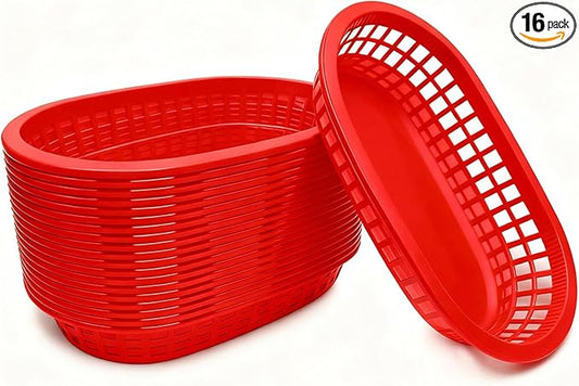 Fast Food Baskets 16-Pack, 10 x 6 Inch Plastic Oval Serving Baskets for Burgers, Bread, Fries & Sandwiches, Restaurant Diner Cafeteria Food Truck Party Use, Reusable&Stackable(Red)