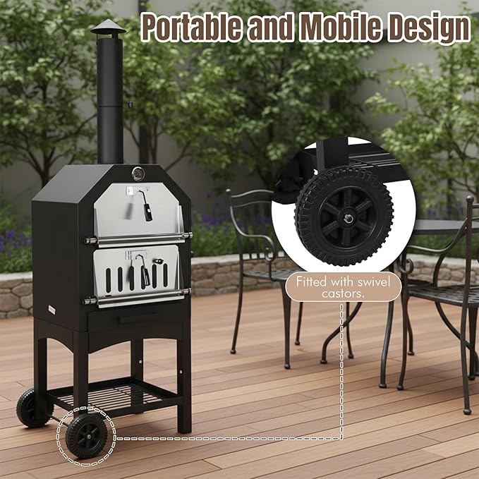Outdoor Wood Fired Pizza Oven with Firewood Storage, Side Shelves, Cordierite Pizza Stone & Peel, 2 Cooking Grills, Thermometer, Portable Patio Pizza Maker for Backyard Parties and Camping