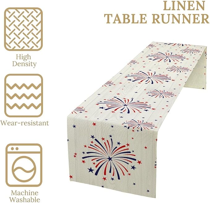 Fireworks Table Runner, 4th of July Patriotic Memorial Day American Independence Day Table Runner for Holiday Kitchen Dining Holiday 13x90in