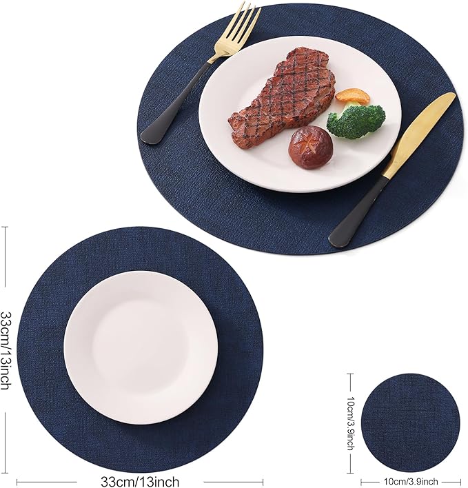 Homaxy Round Faux Leather Placemats and Coasters, Washable Dual-Side Table Mats, Wipeable Heat-Resistant Dining Place Mats for Outdoor and Indoor, Set of 4, Diameter 13 and 3.93 inch, Navy Blue