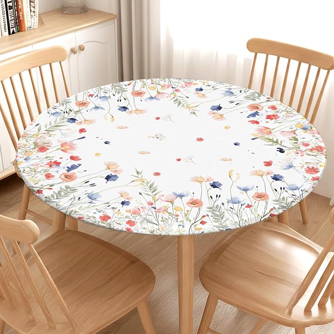Spring Summer Floral Round Fitted Tablecloth with Elastic Watercolor Farmhouse Wildflower Circle Table Cloth for 44-48" Tables Wipeable Waterproof Easter Flower Table Cover for Picnic Dining Outdoor