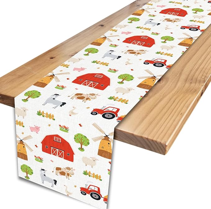 Farm Animals Table Runner, Rustic Farmhouse Cow Pig Rooster Watercolor Coffee Table Center Decor for Home Kitchen Dining Patio Holiday Party Indoor Outdoor Table Decorations, 13"x72" Inch