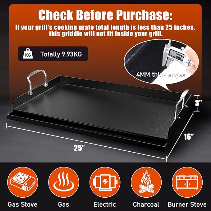 Uniflasy Nonstick Griddle for Gas Grill, Cast Iron Griddle for Outdoor Gas & Charcoal Grills, 25" x16" Nonstick Coating FlatTop Insert Cooking Pan for Weber Charbroil Camp Chef Grill