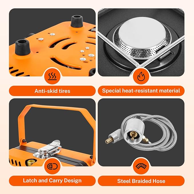 2 Burner Propane Camping Stove With Grill,Portable Foldable Camp Stove With 17000BTU, Two Piezo Ignition Adjustable Windproof Burners forCamping, Grilling, Tailgating, & More (Orange)